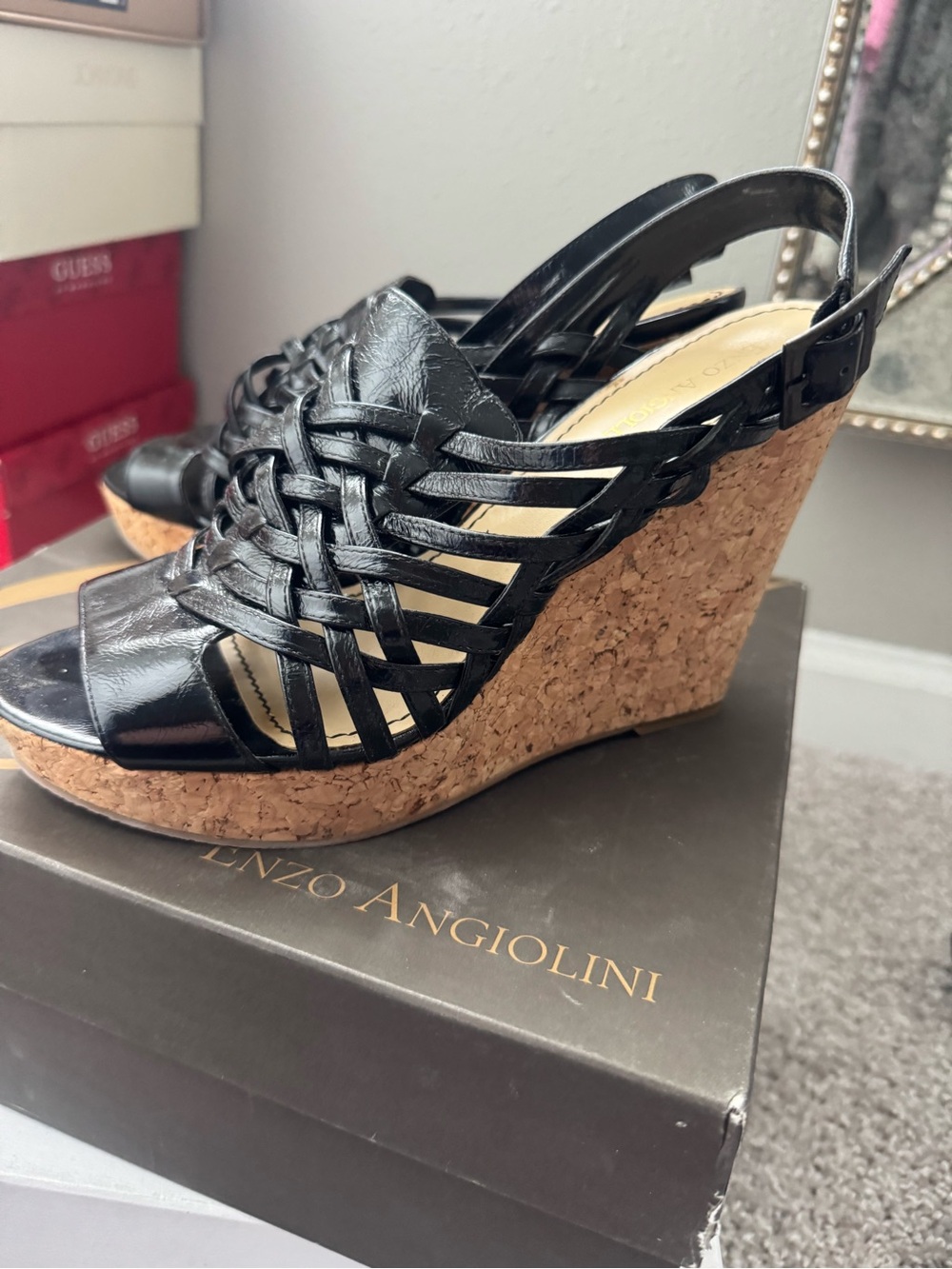 Enzo Angiolini Black Woven Leather Cork Wedge Sandals